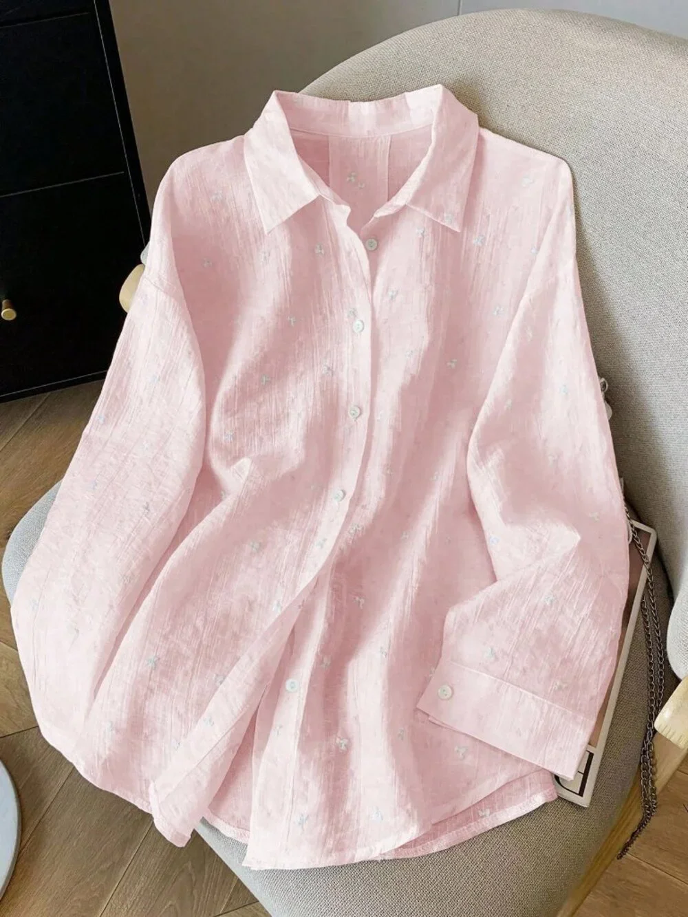 Baby Pink Casual Women's Loose Thin Backless Tie Cuff Long Sleeve Blouse - Picture 2 of 7